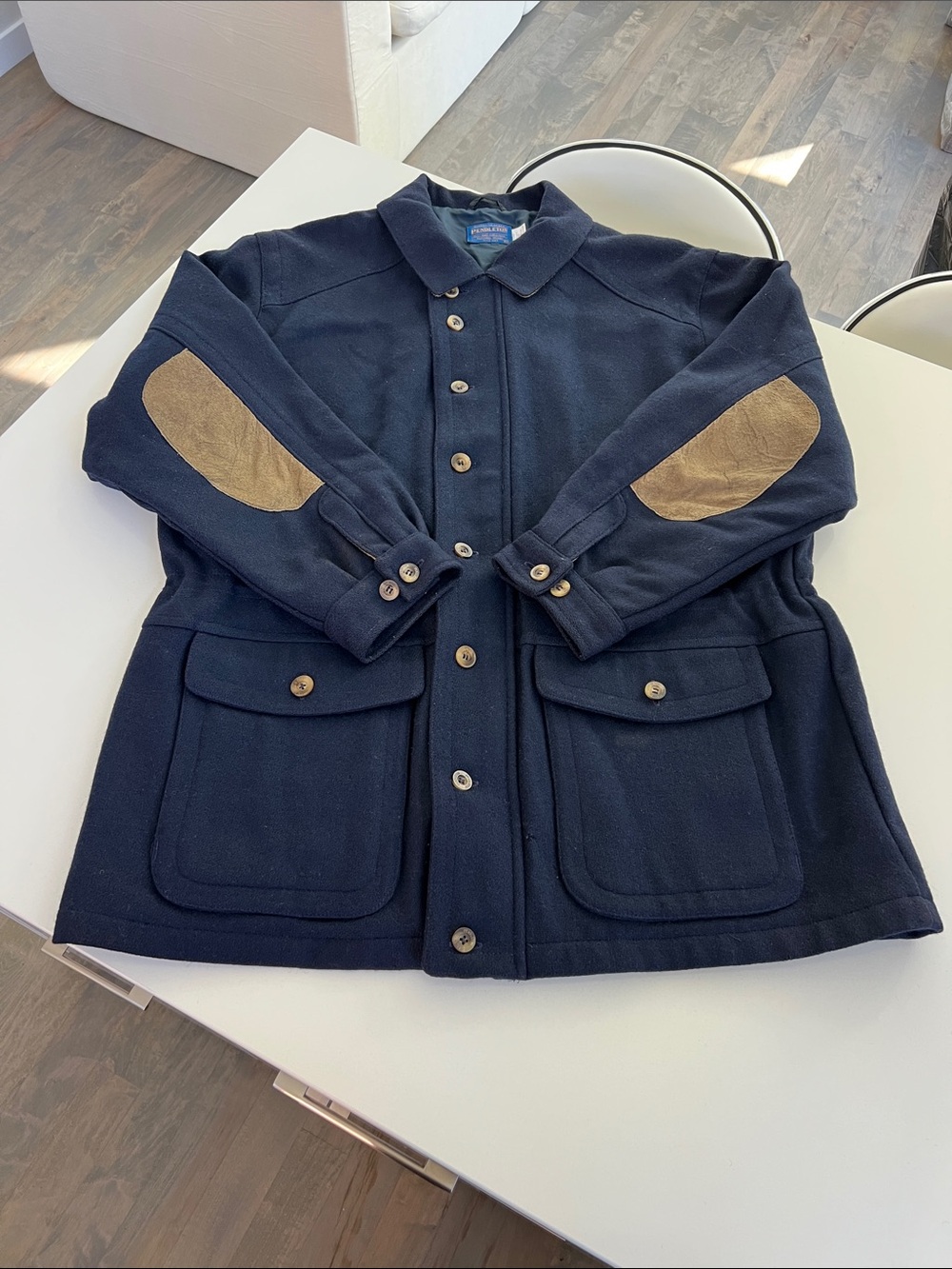 Vintage Pendleton navy blue wool collared button up jacket coat tan men’s XL